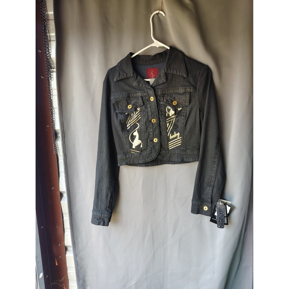 Baby Phat Black Denim Cropped Jacket Gold Logo Y2K Streetwear R1E0560F M